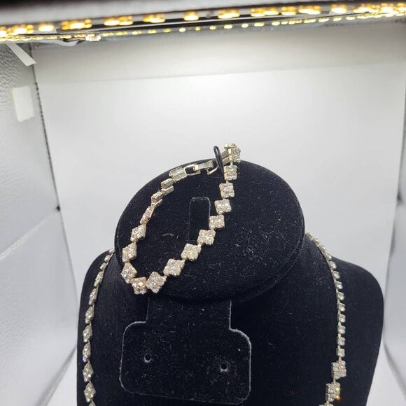 Vintage 50s Hollywood Glam Demi Parure Pave Set Crystal Bracelet and Necklace in - Picture 3 of 6